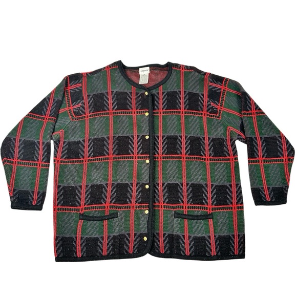 Liz Baker Sweaters - Vintage Liz Baker Tartan Plaid Cardigan Knit Sweater Womens 2XL Christmas